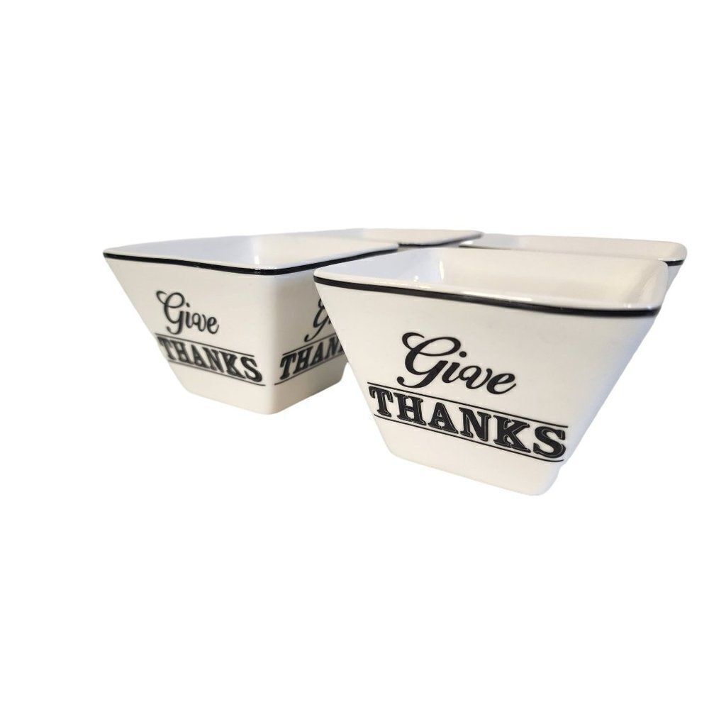 Set of 4 Give Thanks Black & White Small Appetizer Bowls